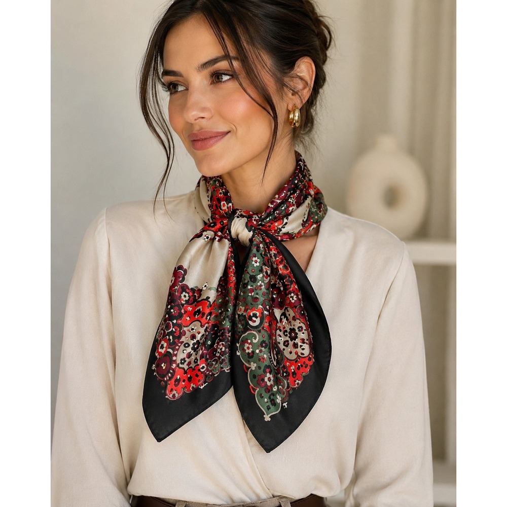 Vintage Scarf Black Red Green Floral Paisley Silk Square 26x26 Hand Rolled